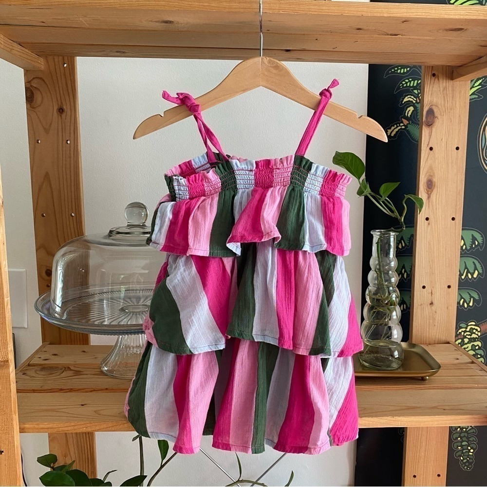 Janie and Jack Green Pink Smocked Gauze Tiered Ruffle Sundress - Picture 3 of 8